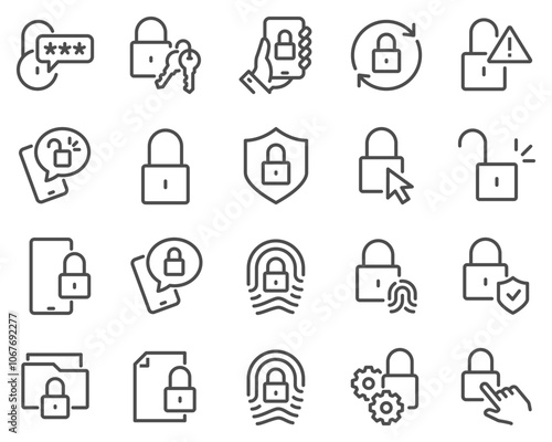 A simple set of vector line icons related to locks. Contains icons such as locked document, fingerprint, padlock and more. Editable stroke.