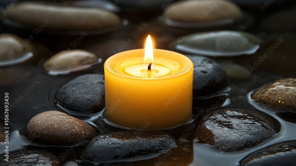 Burning Candle in Water with Stones. Burning Candle in Water with Stones.