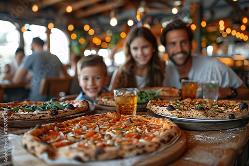 A family of three smiles while enjoying a variety of pizzas on wooden plates, surrounded by warm lighting and a bustling restaurant atmosphere in the evening photo