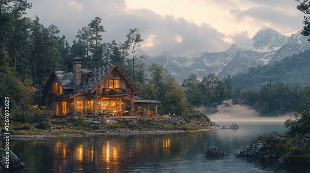 Fototapeta premium A cozy cabin nestled on the shores of a serene lake with majestic mountains in the background.