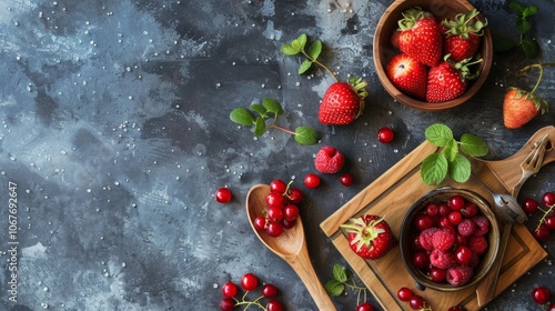 Assortment of fresh red berries on dark rustic background