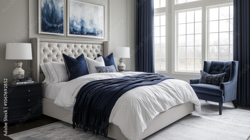 Fototapeta premium A Luxurious Bedroom Interior with a Plush Bed and Blue Accents