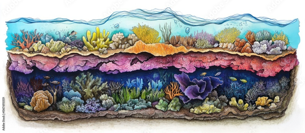 A cross-section of a coral reef showing the different layers of life. A cross-section of a coral reef showing the different layers of life.