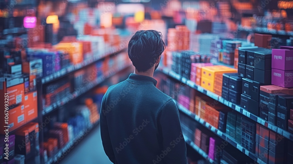 An AI assistant helping shoppers compare prices in a retail store during evening hours An AI assistant helping shoppers compare prices in a retail store during evening hours