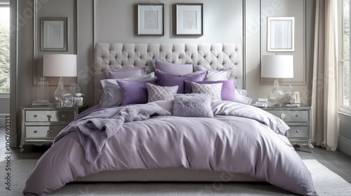 A neatly made bed in a luxurious bedroom with a tufted headboard and plush throw blanket. photo