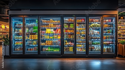 Modern Supermarket Refrigerated Display with Diverse Food and Beverage Products in Brightly Lit Aisle