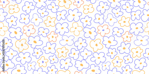 Seamless pattern with abstract line flowers. Simple blossom print. Vector graphics.