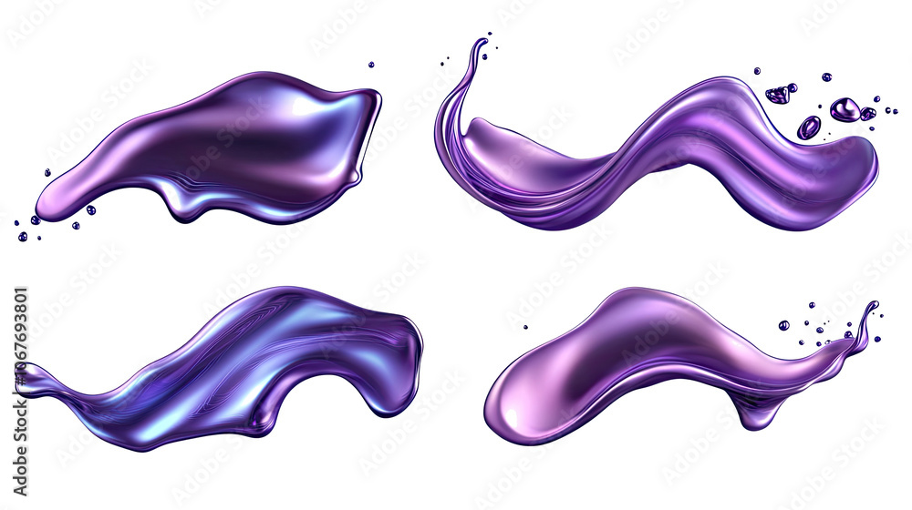 Set of Iridescent Liquid Metal Shapes on Transparent Background Generative AI