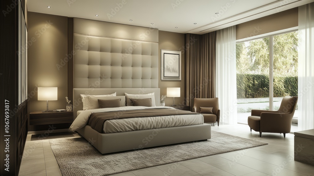 Fototapeta premium Modern Bedroom Interior with Large Bed and Window View