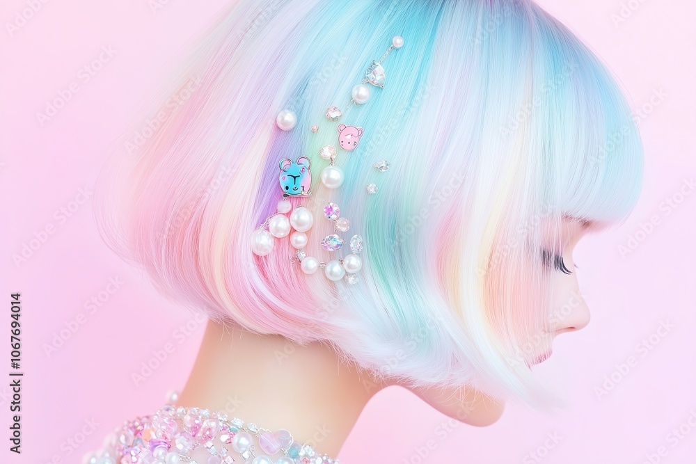 unique pastel blue bob hairstyle adorned with playful beads and colorful charms, featuring pearls, cartoon icons, and small crystals for a whimsical, creative look unique pastel blue bob hairstyle adorned with playful beads and colorful charms, featuring pearls, cartoon icons, and small crystals for a whimsical, creative look