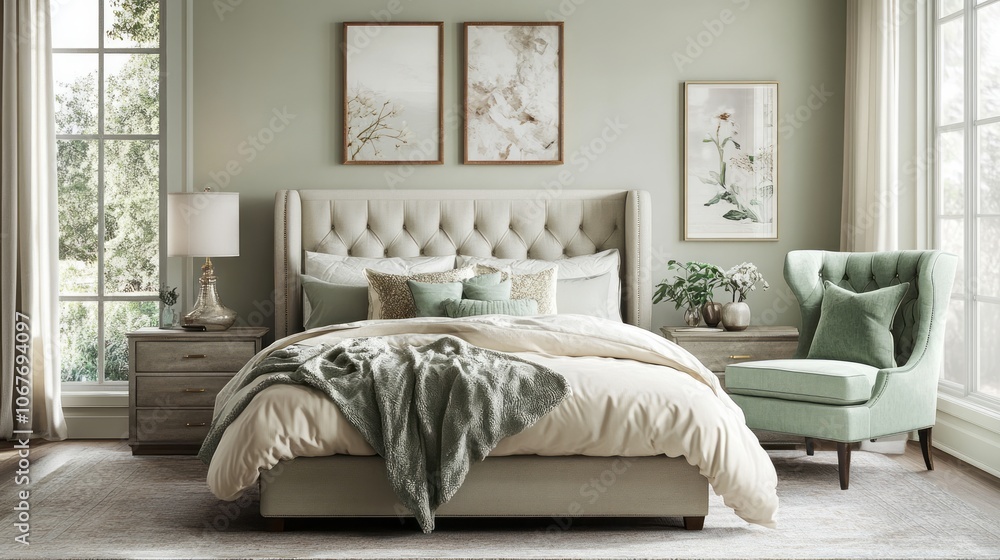 Fototapeta premium A Modern Bedroom Interior with a Beige Bed and Green Accents