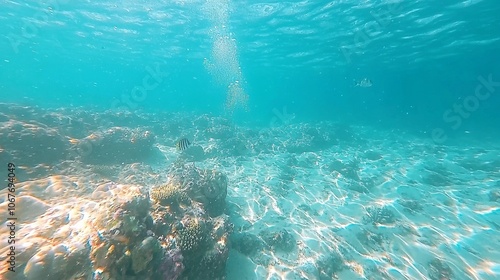 Underwater scene showcasing coral reefs and clear blue water.