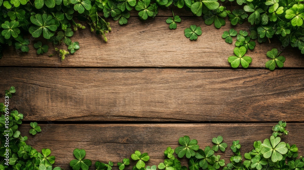 Green Shamrock Leaves Frame on Wooden Background.