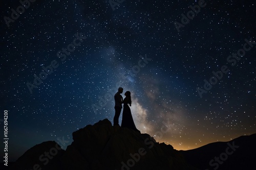 Couple holding hands on mountain top under milky way galaxy