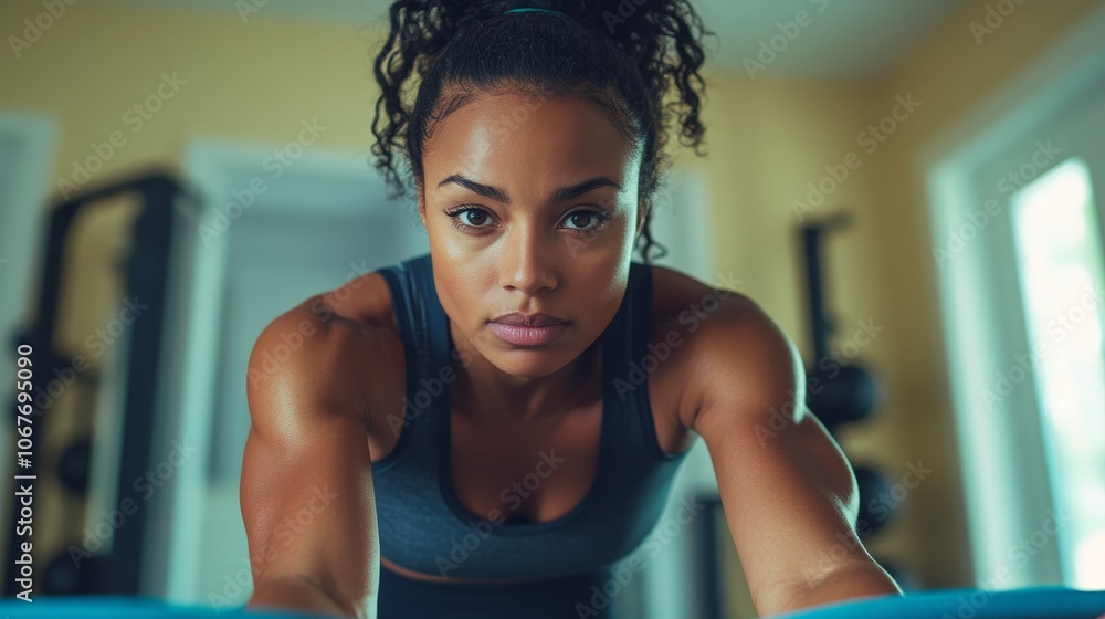 Focused woman engaged in intense workout at home gym Focused woman engaged in intense workout at home gym