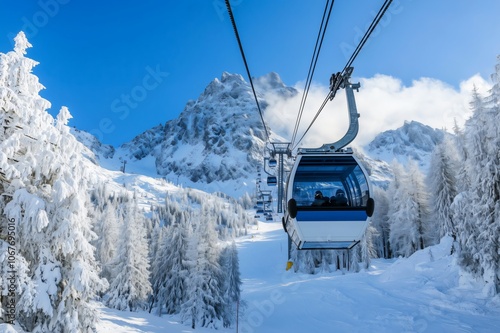 Cable car ascending snowy mountain with tourists enjoying winter wonderland