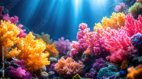 Wallpaper Mural An underwater landscape showcases a diverse coral reef with vivid colors, thriving marine life, and beams of sunlight filtering through the water Torontodigital.ca