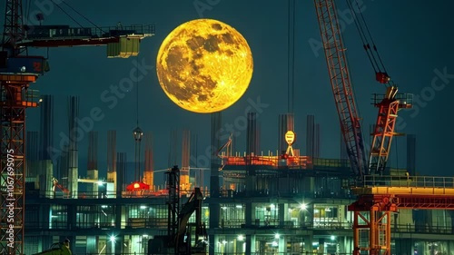 As the moon rises overhead a bustling construction site is transformed into a sea of light with cranes bulldozers and hardworking employees all in motion to create soing great. photo