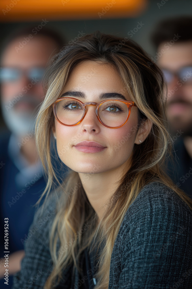 A woman with glasses looks thoughtfully at the camera while participating in a lively discussion at a café with friends A woman with glasses looks thoughtfully at the camera while participating in a lively discussion at a café with friends