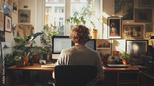 A person working at a desk surrounded by plants and art displays