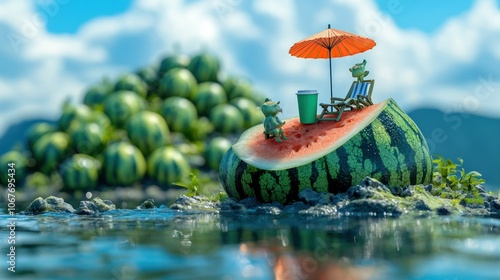 Two cartoon crocodiles enjoying a watermelon slice with a beach umbrella and drinks on a sunny day.