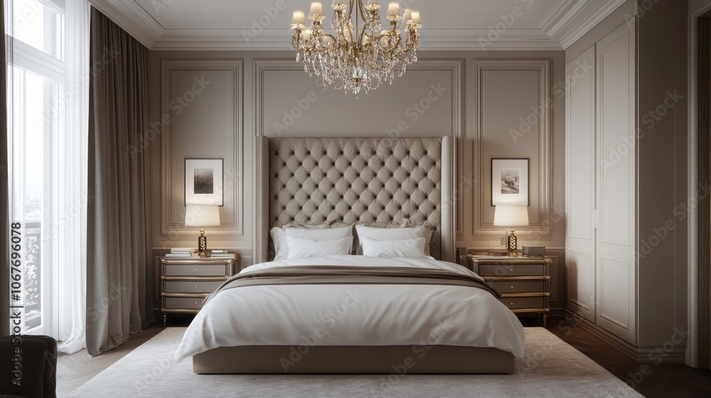 Luxurious Bedroom Interior with a King-Sized Bed and Crystal Chandelier Luxurious Bedroom Interior with a King-Sized Bed and Crystal Chandelier