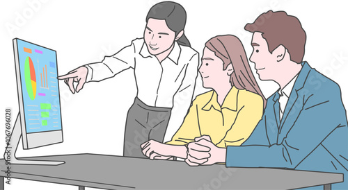 顧客に説明するビジネスウーマン（線画）