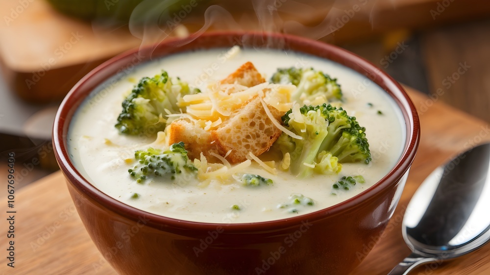 Steaming broccoli cheese soup with croutons and grated cheese on wooden board Steaming broccoli cheese soup with croutons and grated cheese on wooden board