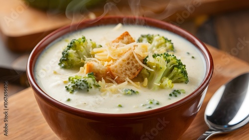 Steaming broccoli cheese soup with croutons and grated cheese on wooden board