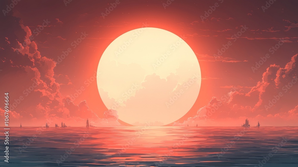 A serene sunset over calm waters, with distant silhouettes of boats. A serene sunset over calm waters, with distant silhouettes of boats.