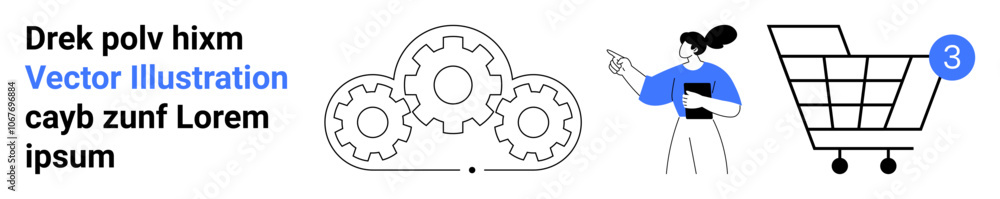 Shopping cart, three interconnected gears, and woman holding a clipboard. Ideal for e-commerce, online shopping, digital marketing, technology solutions, customer service, business strategy, project Shopping cart, three interconnected gears, and woman holding a clipboard. Ideal for e-commerce, online shopping, digital marketing, technology solutions, customer service, business strategy, project