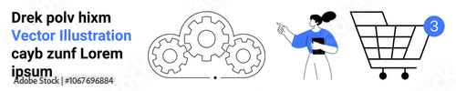 Shopping cart, three interconnected gears, and woman holding a clipboard. Ideal for e-commerce, online shopping, digital marketing, technology solutions, customer service, business strategy, project