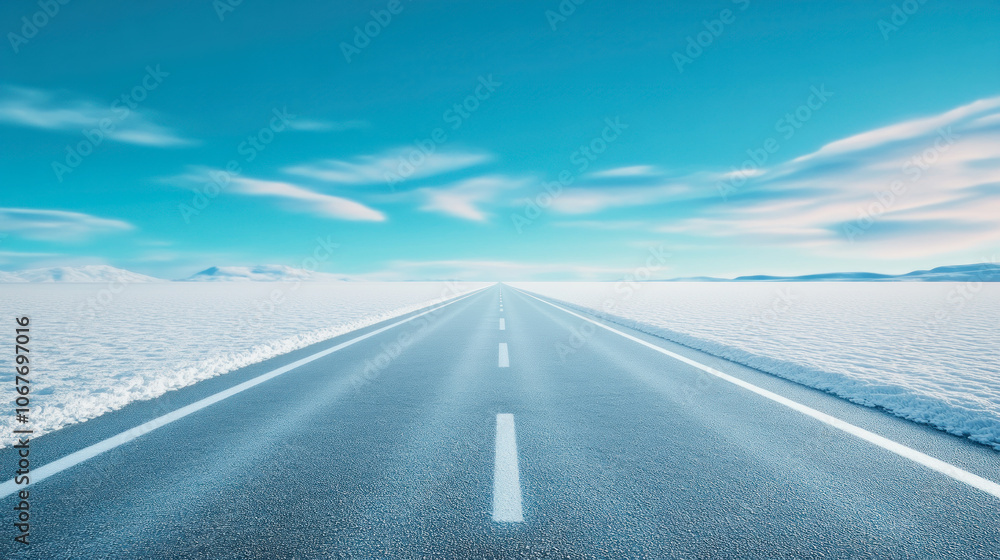 Fototapeta premium A peaceful winter road stretching through a snowy landscape under a blue sky. Generative AI