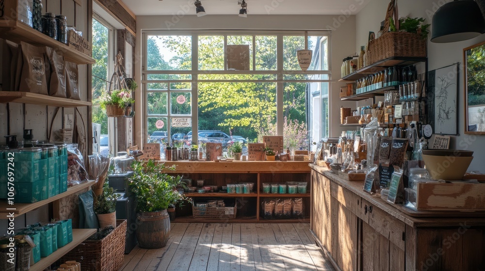 A cozy shop interior with a view through the window, displaying vibrant products and natural light streaming in. A cozy shop interior with a view through the window, displaying vibrant products and natural light streaming in.