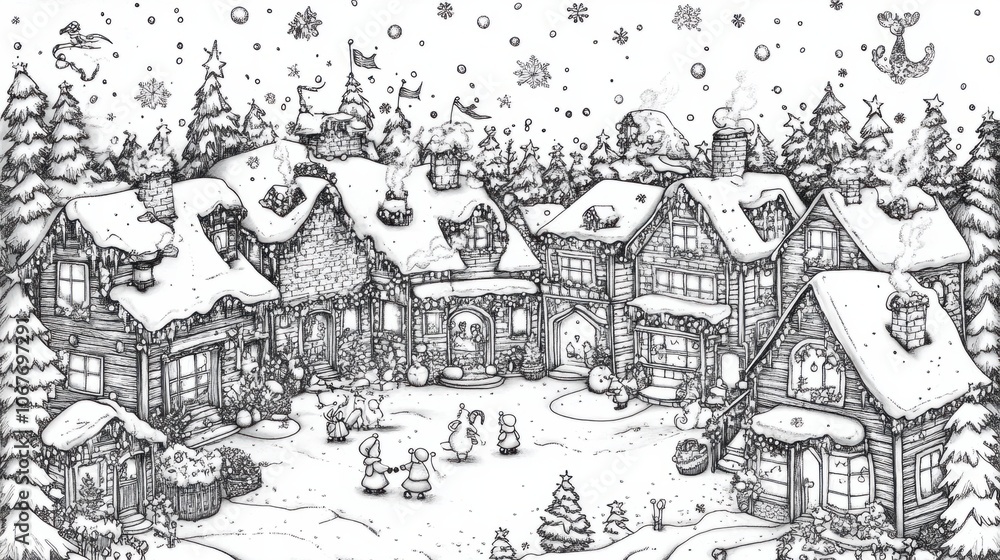 A detailed black-and-white coloring page of a cozy winter village at Christmas, with houses adorned with lights and children playing in the snow. A detailed black-and-white coloring page of a cozy winter village at Christmas, with houses adorned with lights and children playing in the snow.