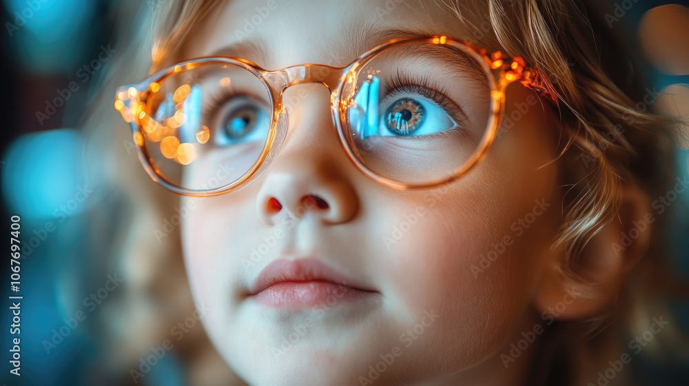 A young child with curly hair looks up in awe, their round glasses reflecting colorful lights in a captivating environment A young child with curly hair looks up in awe, their round glasses reflecting colorful lights in a captivating environment