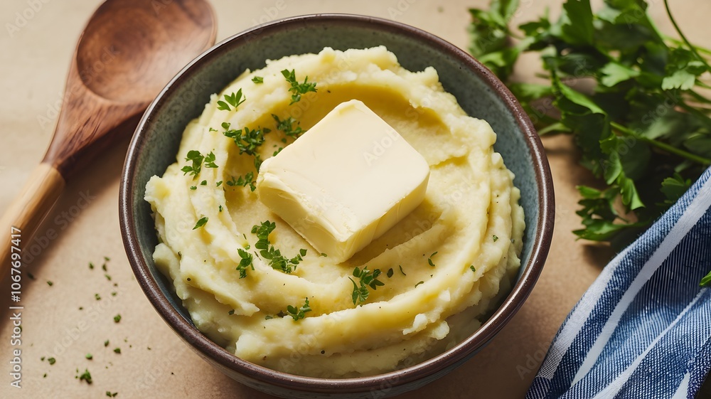 Bowl of mashed potatoes with butter and parsley on beige surface Bowl of mashed potatoes with butter and parsley on beige surface