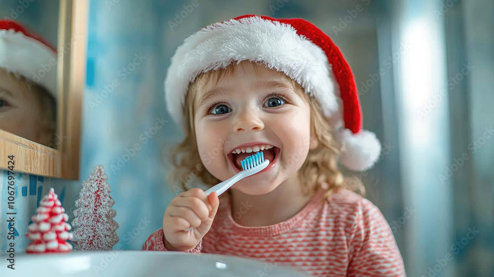 A cheerful child in a Santa hat brushes her teeth with a bright smile in a festive bathroom filled with holiday decorations A cheerful child in a Santa hat brushes her teeth with a bright smile in a festive bathroom filled with holiday decorations
