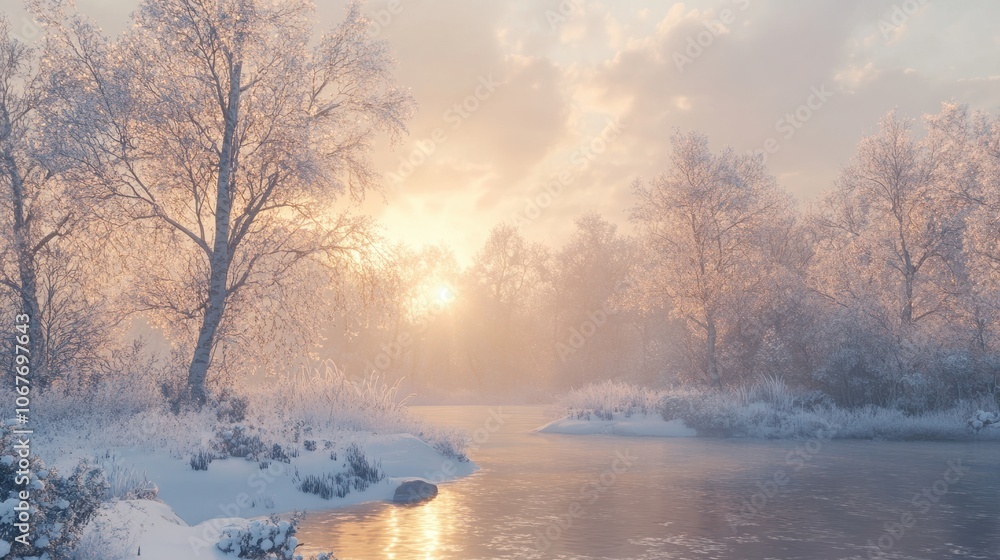 A peaceful winter morning with frost-covered trees and soft sunlight breaking through, casting a golden glow over the snowy landscape. A peaceful winter morning with frost-covered trees and soft sunlight breaking through, casting a golden glow over the snowy landscape.