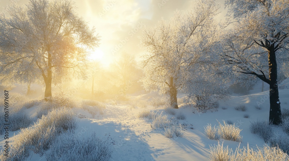 A peaceful winter morning with frost-covered trees and soft sunlight breaking through, casting a golden glow over the snowy landscape. A peaceful winter morning with frost-covered trees and soft sunlight breaking through, casting a golden glow over the snowy landscape.