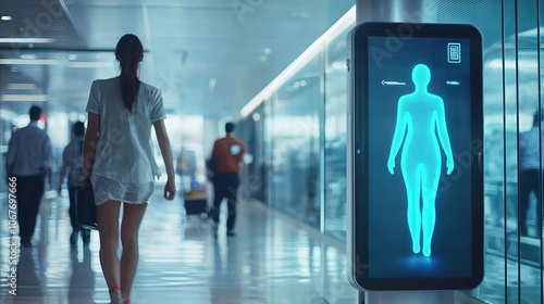 A woman walks past a digital display showing a holographic figure in a modern, busy environment. photo