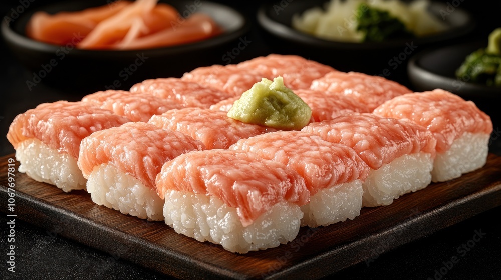 A plate of tuna sushi with wasabi paste. A plate of tuna sushi with wasabi paste.