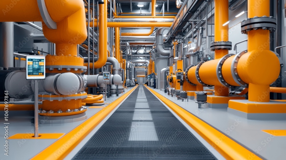 An Industrial Pipeline System featuring Vibrant Orange Piping situated within a Modern Factory Environment An Industrial Pipeline System featuring Vibrant Orange Piping situated within a Modern Factory Environment