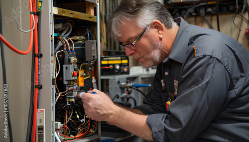 Professional engineer doing a boiler inspection at home