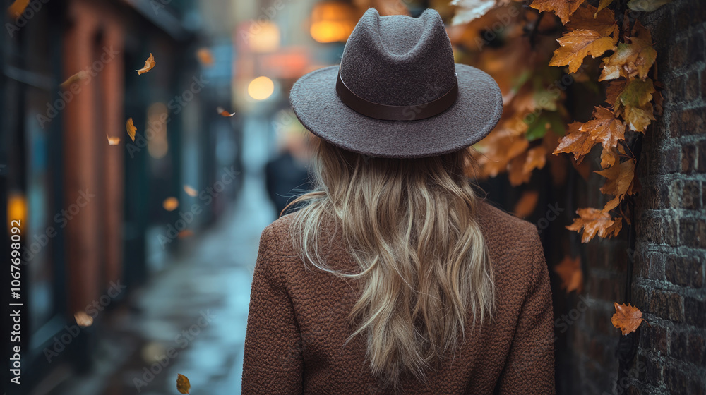 The woman strolls down a charming alley lined with brick buildings, surrounded by autumn leaves and soft, warm lighting The woman strolls down a charming alley lined with brick buildings, surrounded by autumn leaves and soft, warm lighting