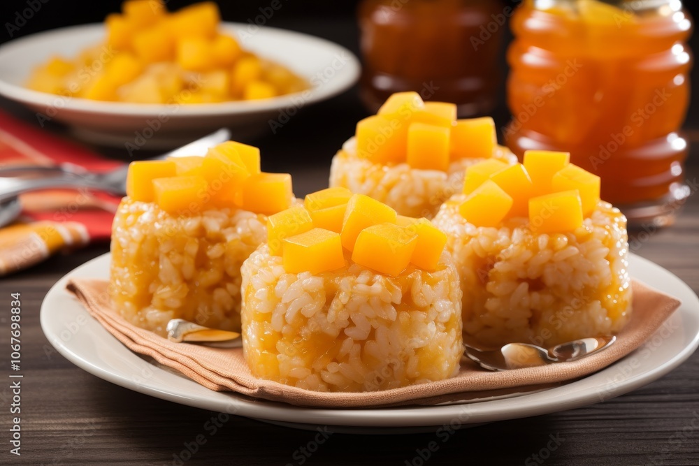 Golden cubes of chicken with fluffy rice, vibrant carrots, and caramelized onions on a colorful bed Golden cubes of chicken with fluffy rice, vibrant carrots, and caramelized onions on a colorful bed