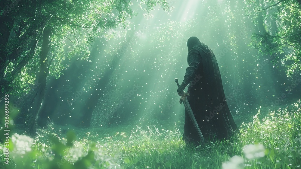 A cloaked figure stands in a sunlit forest, holding a sword amidst nature. A cloaked figure stands in a sunlit forest, holding a sword amidst nature.