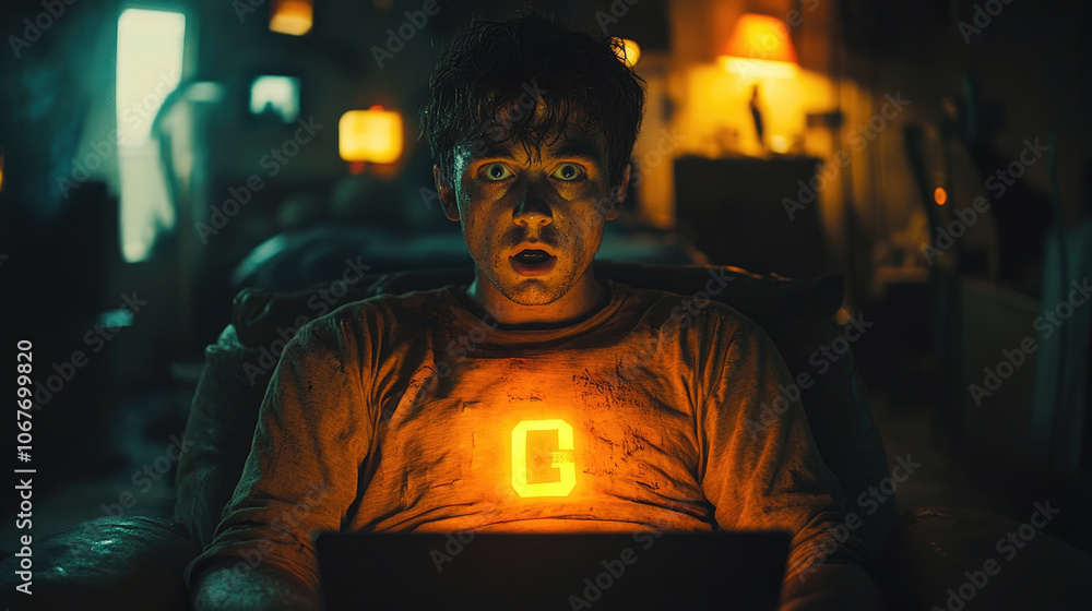 In an atmospheric room, an individual stares intently at their laptop screen, illuminated by a glowing G on their shirt as darkness surrounds them In an atmospheric room, an individual stares intently at their laptop screen, illuminated by a glowing G on their shirt as darkness surrounds them