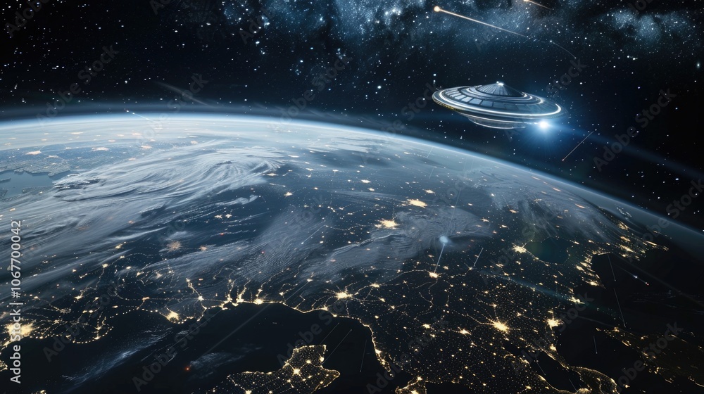 UFO flying above Earth, glowing spaceship over planet, night lights, outer space view, alien spacecraft, extraterrestrial presence concept UFO flying above Earth, glowing spaceship over planet, night lights, outer space view, alien spacecraft, extraterrestrial presence concept
