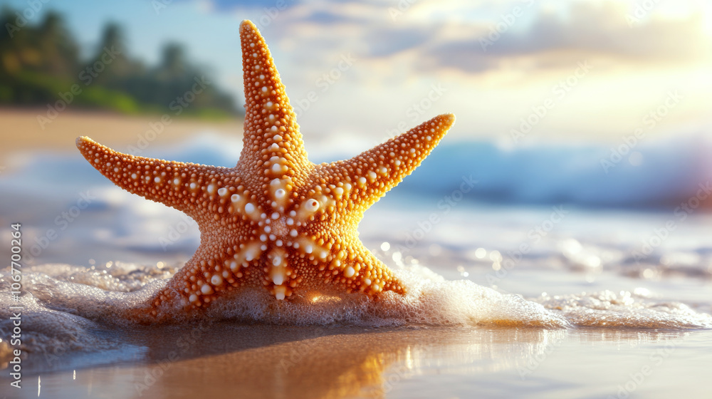 A starfish rests on wet sand as gentle waves approach in the background. Concept focuses on beach, nature, and marine life. A starfish rests on wet sand as gentle waves approach in the background. Concept focuses on beach, nature, and marine life.